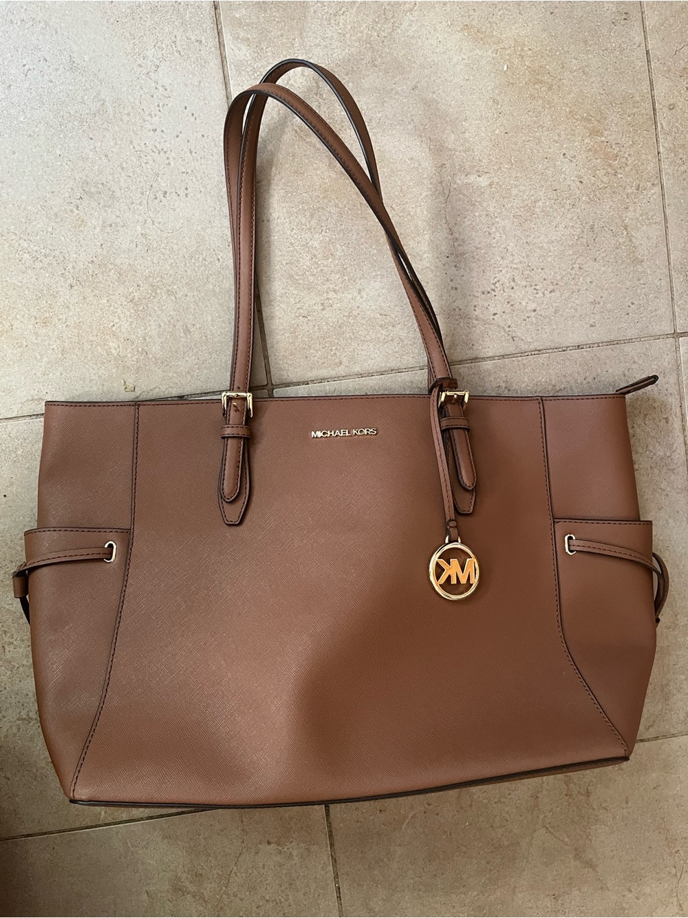 Michael Kors Cognac Leather Tote with Gold Logo Charm